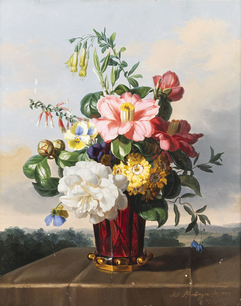 Blumenstilleben mit Kamelien, Primeln und Veilchen. Öl/Holz, unten rechts signiert und datiert 1843.