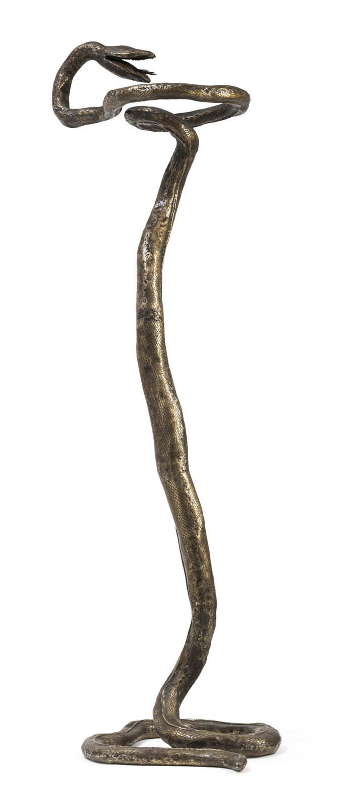 An impressive patinated iron cast snake figure. Patinated and signed at the base 