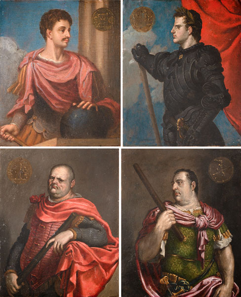 Vier Cäsaren-Portraits: Augustus, Vitellius, Vespasianus und Claudius, in den oberen Ecken mit der Darstellung von antiken Medaillen verziert. Öl/Kupfer, eine der Kupfertafeln verso graviert.