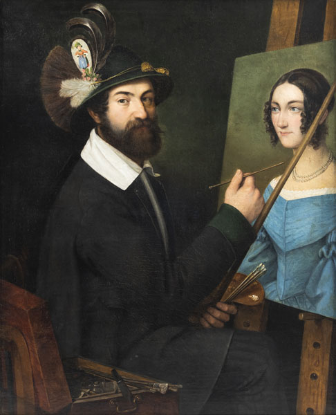 Ein Maler beim Portraitieren einer Dame. Öl/Lwd.