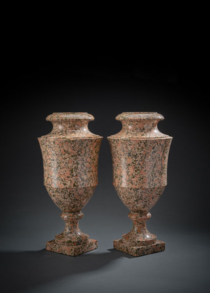 Rosé-green and white speckled balustre shaped Blyberg porphyry vases. Minor cracks.