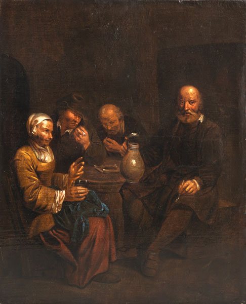Peasants smoking and drinking in a tavern. Oil/canvas, relined.