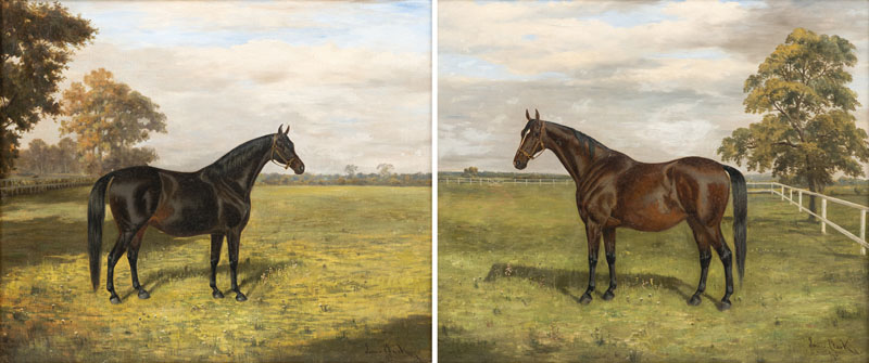 Bay horse to the left. Bay horse to the right. A pair. Oil/canvas, relined, both of them signed and dated (18)98 lower right.