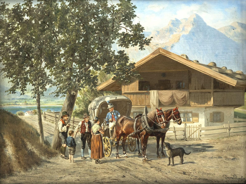 Stop of a stagecoach in a Bavarian village at a lake. Oil/panel, signed lower right.