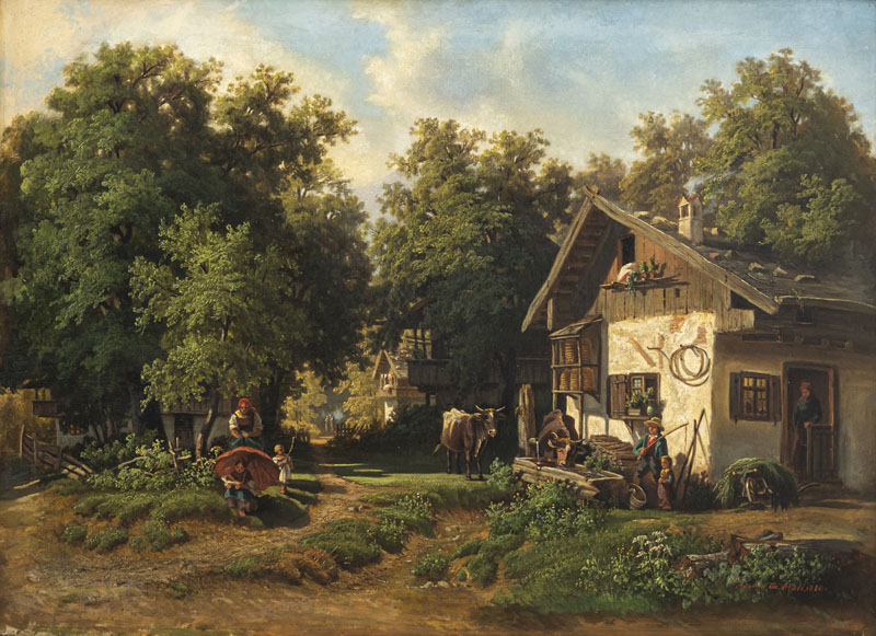 Village idyll. Oil/canvas, relined, signed, inscribed and dated München 1860.