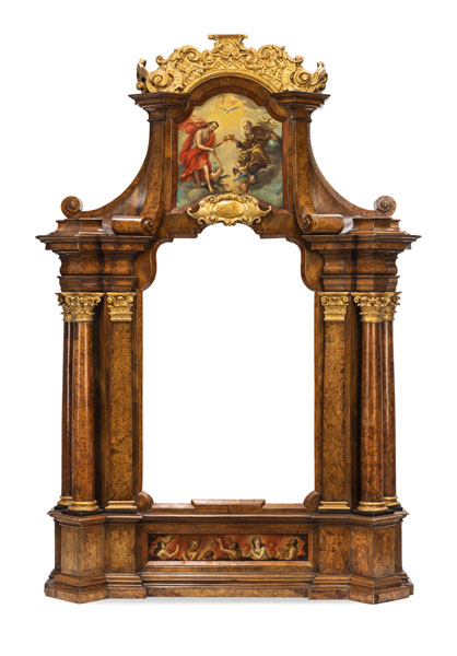 Architectural structure with four full-round carved columns and two pilasters with Corinthian capitals, cantilevered cornice and upper part with volute ornaments, crowned by gilt foliage and latticework. The lower part painted with a a scene in hell on panel, in the upper part an oil painting on wood depictiong The Holy Trinity. Smaller crownings missing, partially rest. and damages due to age.