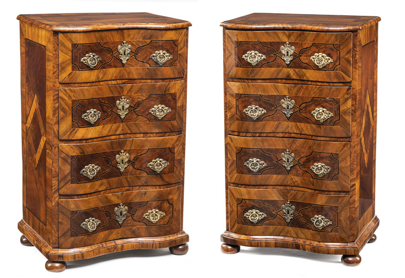 <b>A PAIR OF SOUTH GERMAN BRASS MOUNTED WALNUT AND BOG OAK BAROQUE COMMODES</b>