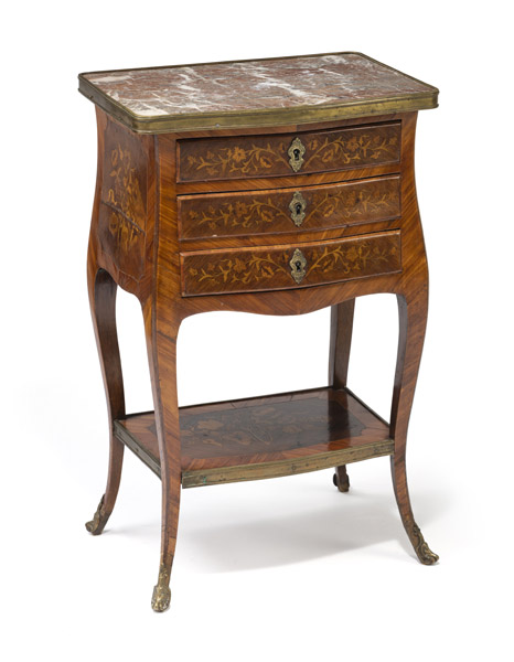 <b>A SMALL LOUIS XV STYLE BRASS MOUNTED KINGWOOD AND FRUITWOOD COMMODE</b>