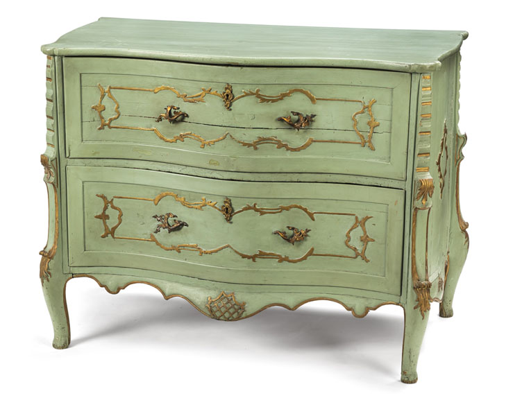 Rectangular moulded body on curved feet with two drawers. Colours partially overpainted, worn, rest., traces of age.