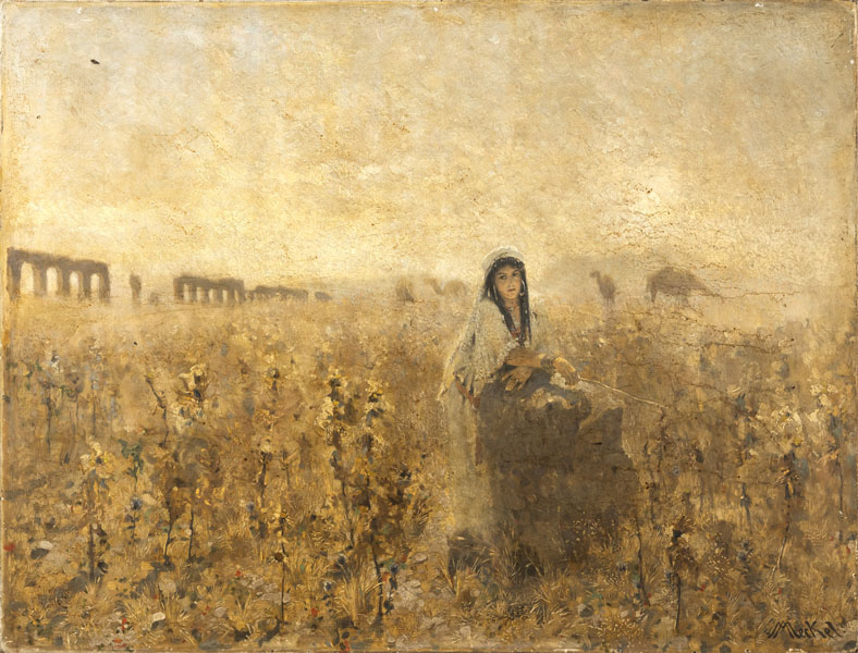 A herdswoman in an extensive landscape, in the background ruins of the Acquedotto Romano. Oil/canvas, signed and dated 1891.
