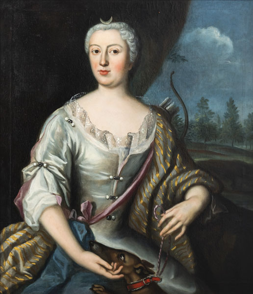 Portrait einer adeligen Jägerin als Diana. Öl/Lwd., doubl., verso auf Etikett bezeichnet 