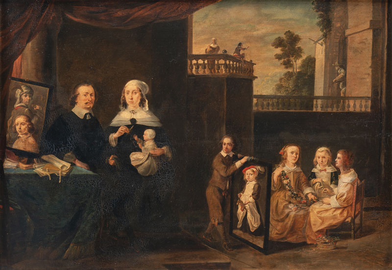 Portrait of a family in an interior, which opens in the background with terraces. Oil/cradled panel.