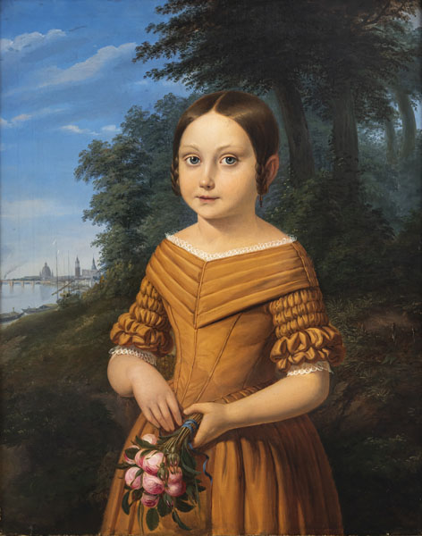 Bildnis eines Mädchens in braunem Kleid vor Landschaftshintergrund, am linken Bildrand die Dresdener Stadtsilhouette. Öl/Lwd., doubl.