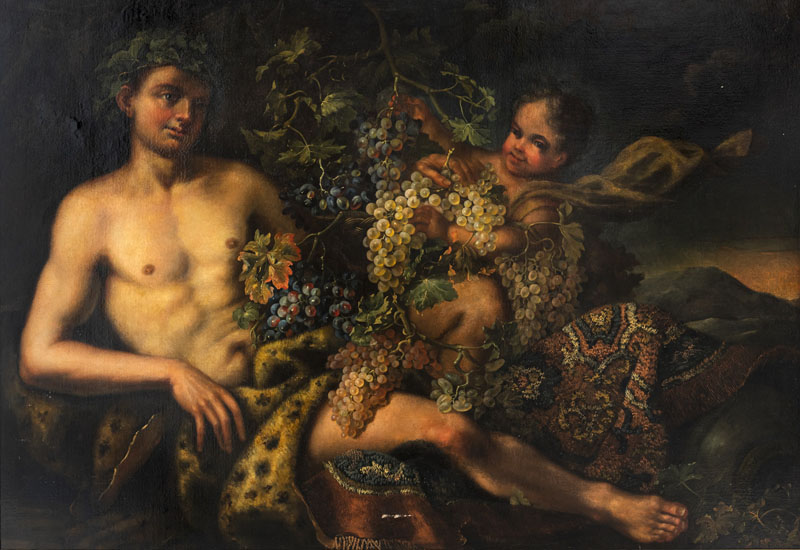 Ruhender Bacchus mit Trauben und Putto. ÖL/Lwd., doubl., unten rechts signiert und datiert 1700.