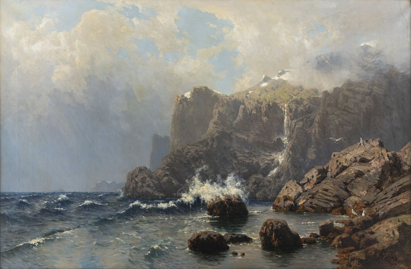 Norwegian coastal landscape. Oil/canvas, signed lower right, verso on the stretcher inscribed.