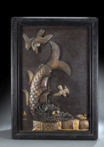 <b>A LARGE IRON PANEL WITH A MIXED METAL DRAGON FISH IN HIGH RELIEF MOUNTED IN A WOODEN FRAME</b>