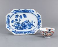<b>AN OCTAGONAL BLUE AND WHITE PORCELAIN PLATE AND AN IMARI-STYLE BOWL</b>