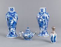 <b>TWO BLUE AND WHITE PORCELAIN VASES, A TEAPOT, AND A FLASK</b>