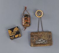 <b>A FOUR-CASE COLOR-LACQUERED INRO WITH A DEPICTION OF A GARDEN LANDSCAPE, A LACQUER LIDDED BOX WITH FAN DECORATION AND A TOBACCO SET WITH DRAGONS EN SUITE</b>