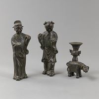 <b>TWO BRONZE IMMORTALS FIGURES AND A BRONZE INCENSE STICK HOLDER IN THE SHAPE OF AN ELEPHANT WITH A VASE</b>