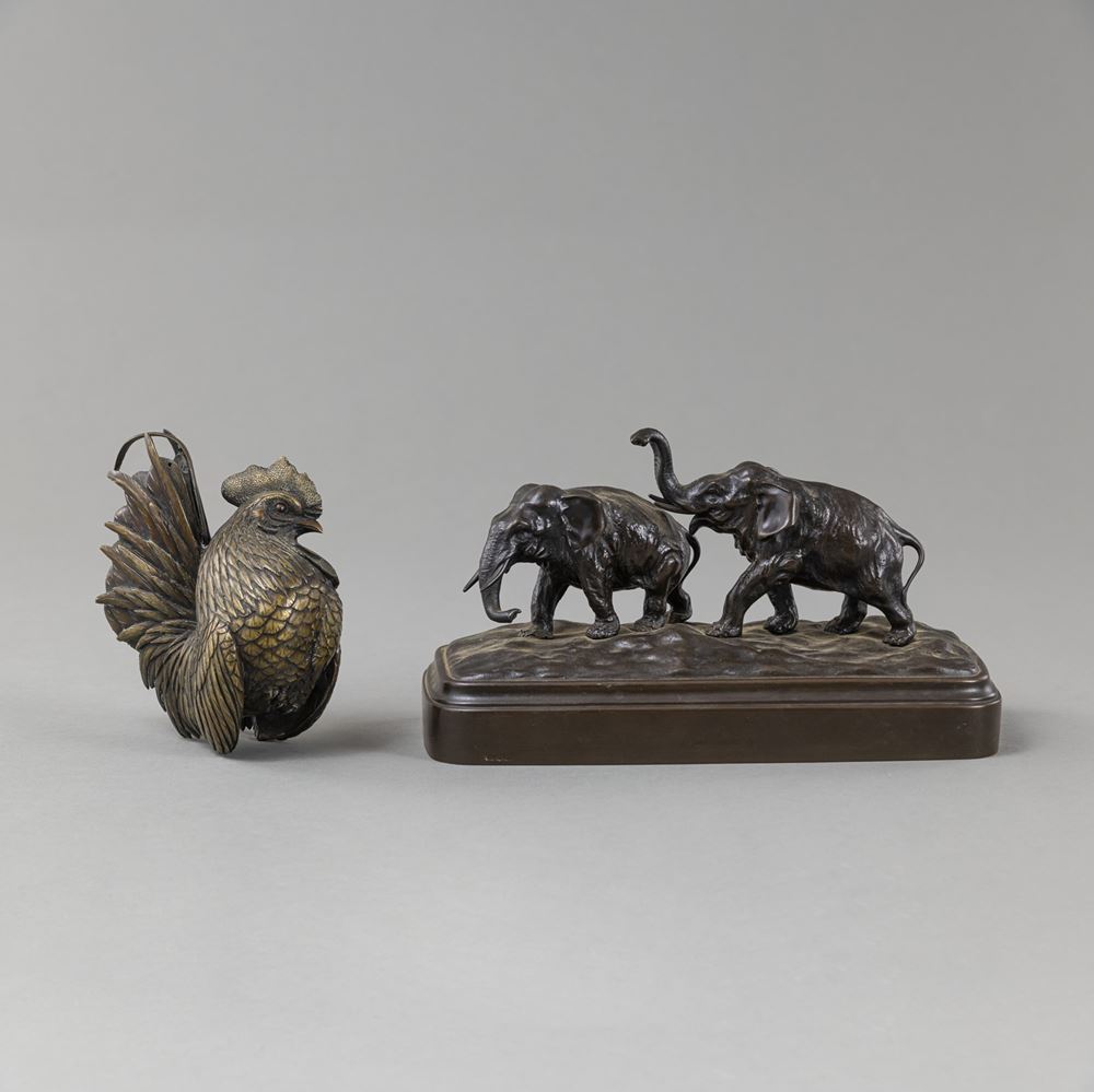 <b>TWO BRONZES OF ELEPHANTS CROSSING THE RIVER AND A STANDING ROOSTER</b>