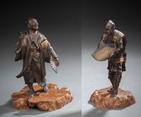 <b>TWO PART-GILT BRONZE FIGURES ON ROOTWOOD STANDS: A FARMER AND SAMURAI WITH FAN</b>