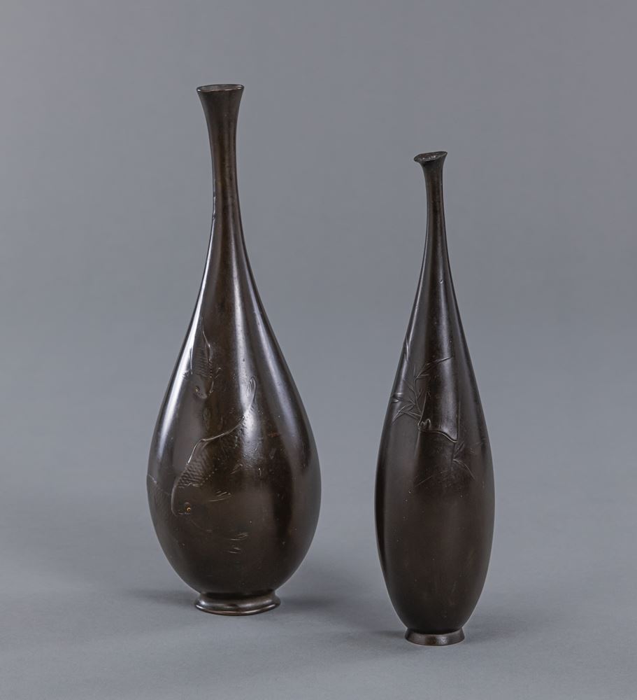 <b>TWO WELL-CAST BRONZE VASES WITH CARPS OR BAMBOO IN RELIEF</b>