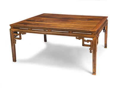 <b>A LARGE RECTANGULAR SLIT-APRON WOOD TABLE</b>