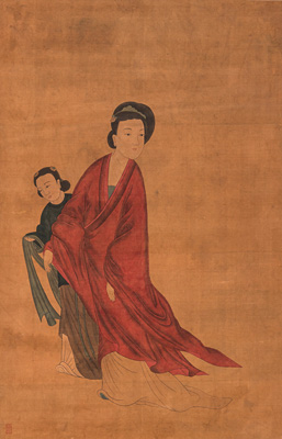 <b>ANONYMOUS PAINTING OF LADY CLAD IN A RED GOWN ACCOMPANIED BY A MAID-SERVANT</b>