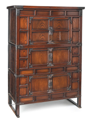<b>A KEYAKI WOOD CABINET WITH THREE SHELVES BEHIND HINGED DOORS</b>