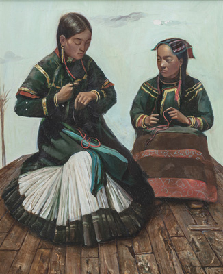 <b>PORTRAIT OF TWO GIRLS IN TRADITIONAL YI MINORITY CLOTHES SITTING IN A LIGHT ROOM</b>
