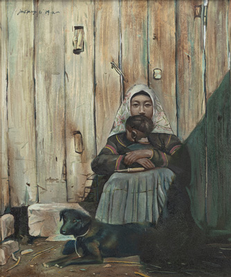 <b>PORTRAIT OF A MOTHER WITH CHILD AND DOG SITTING IN FRONT OF A WOODEN WALL</b>