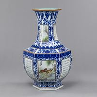 <b>HEXAGONAL PORCELAIN VASE WITH ALTERNATING RESERVES OF HORSE DEPICTIONS AND POEM INSCRIPTIONS</b>