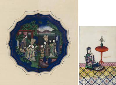 <b>A PITH PAINTING DEPICTING A SEATED COURT LADY AND A FLOWER-SHAPED PAPER RELIEF WORK PARTLY WITH SILK APPLICATIONS</b>
