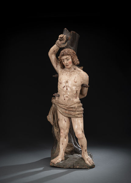 Laubholz, spätere Fassung. Stehende Figur des Heiligen mit Lendentuch, an einen Baum gefesselt und von Pfeilen gespickt. Rest., kleinere Ergänzungen, Alterssch.