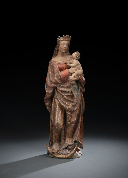 <b>Standing figure on the crowned Virgin on the crescent moon. Hardwood, worked in full round. Remnants of the original polychromy with extensive overpaintings. Rest., damages due to age.</b>