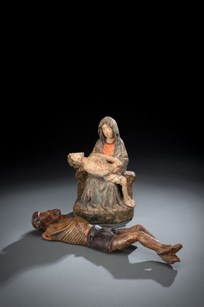 The Pieta: Fruitwood with later polychromy, damages due to age and rest.; Body of Christ: boxwood, without arms, later polychromy, damages due to age.