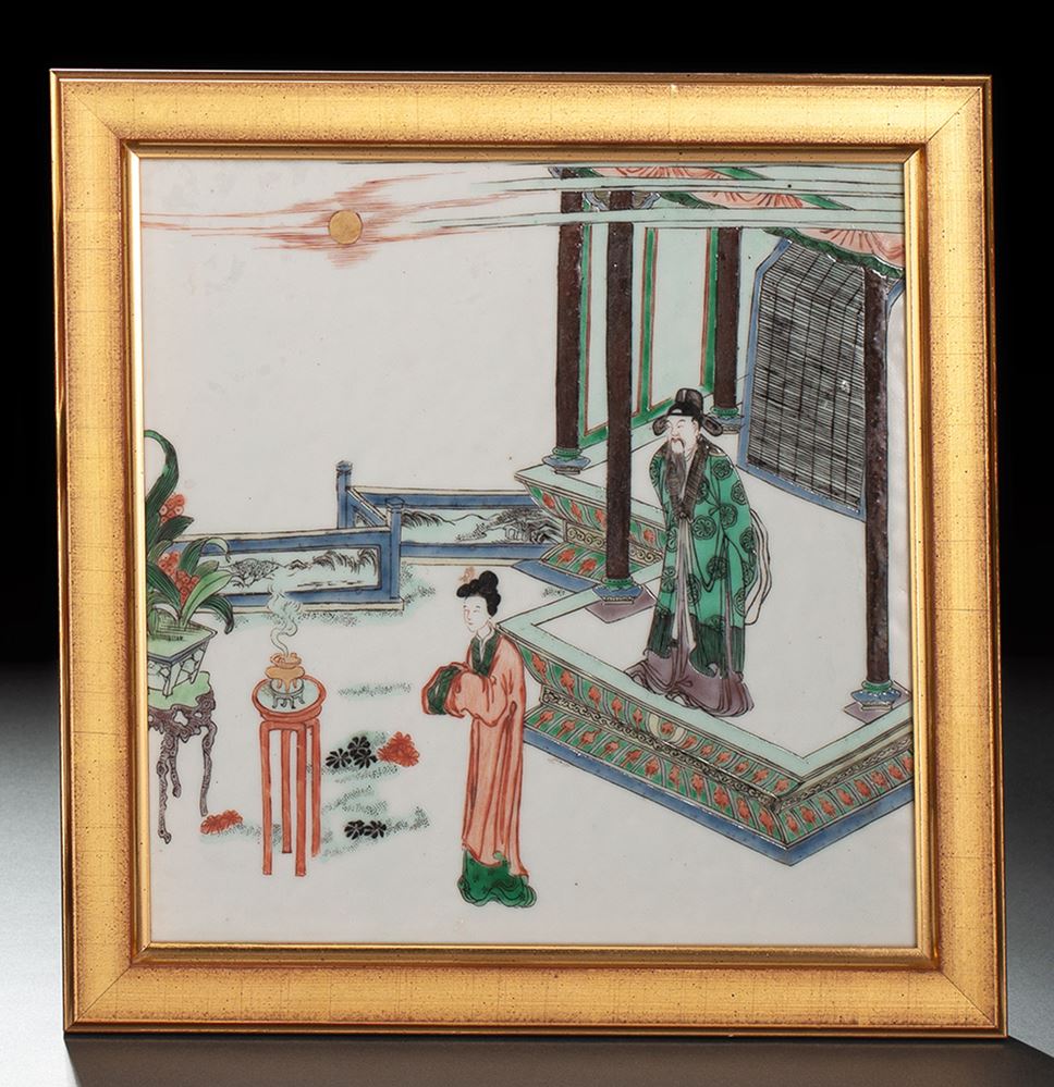 <b>A SQUARE FAMILLE VERTE PORCELAIN PANEL MOUNTED IN A WOODEN FRAME</b>