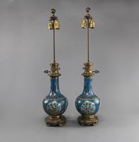 <b>A PAIR OF BULBOUS CLOISONNÉ VASES WITH FLORAL DECORATION OF THE FOUR SEASONS, MOUNTED AS LAMPS</b>