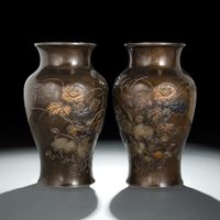 <b>A PAIR OF BRONZE VASES DECORATED IN IROE-TAKAZOGAN AND TAKABORI</b>