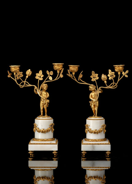 <b>A SMALL PAIR OF FRENCH GILT BRONZE AND MARBLE TWO LIGHT CANDELABRA</b>
