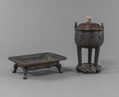 <b>A DING BRONZE CENSER WITH WOOD STAND AND COVER AND A PART-GILT BRONZE BASSIN</b>
