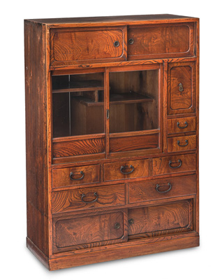 <b>A WOOD TANSU CONTAINING A GLAZED DISPLAY SHELF</b>