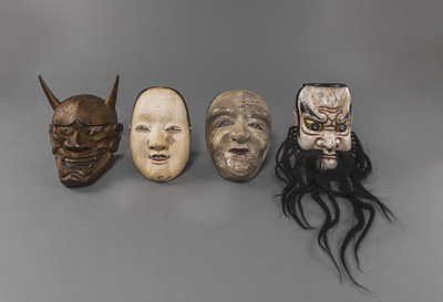 <b>THREE CARVED AND PAINTED WOODEN NÔ MASKS AND A WOODEN HANNYA MASK</b>