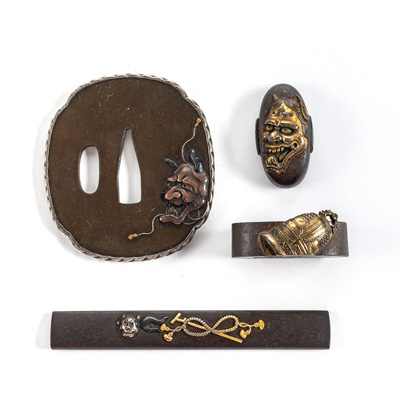 <b>A SHIBUICHI TSUBA, A,N IRON KOZUKA AND IRON FUCHI-KASHIRA</b>