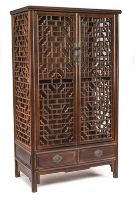 <b>A PAIR OF OPENWORK DOOR AND SIDE WALL WOOD CABINETS WITH TWO DRAWERS AND GLASS PANELS</b>