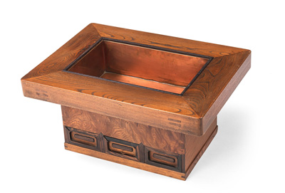 <b>A KEYAKI WOOD HIBACHI WITH COPPER LINER AND DRAWERS</b>