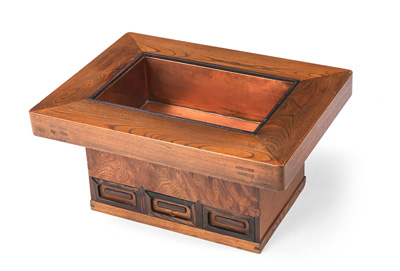 <b>A KEYAKI WOOD HIBACHI WITH COPPER LINER AND DRAWERS</b>