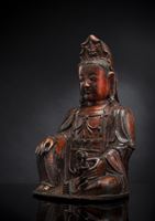 <b>Große und seltene lackvergoldete Bronze des Guanyin Songzhi mit Knaben</b>