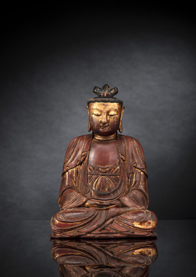 <b>Vergoldete Holzfigur eines Bodhisattva mit Lackauflage</b>